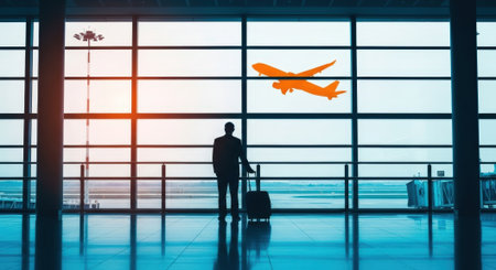 A man stands with his luggage, silhouetted against the large windows of an airport terminal, watching a plane take off into the sky.の素材