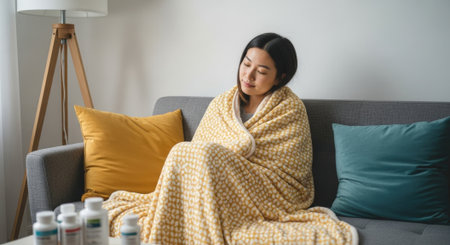 A young Asian woman feeling unwell, wrapped in a blanket, sitting on a sofa with medicine bottles nearby, suggesting illness and home care.の素材