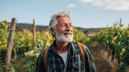 A happy elderly man with a white beard stands in a vineyard, looking off to the side with a smile.の素材