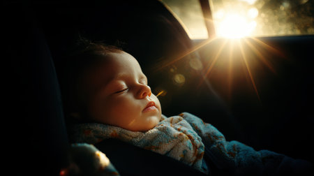 Close-up of a sleeping baby in a car seat, illuminated by sunlight streaming through the window, creating a warm and peaceful atmosphere.の素材