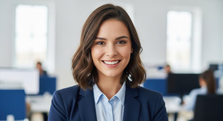 A confident young businesswoman with a warm smile, dressed in a professional suit, stands in a modern office environment, exuding approachability and success.の素材