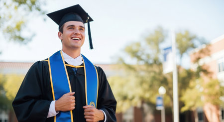 A young man in graduation smiles confidently on campus, symbolizing achievement and the start of a new chapter.の素材