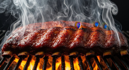 Close-up shot of delicious smoked BBQ ribs cooking on a grill with flames and smoke rising, showcasing the texture and color.の素材