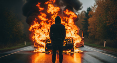 A lone figure stands silhouetted against the intense flames of a burning car on a deserted road, creating a dramatic and unsettling scene.の素材