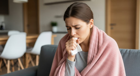 A woman wrapped in a pink blanket is coughing into a tissue, indicating illness. She is sitting on a couch in a home setting.の素材
