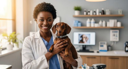 A cheerful African American veterinarian smiles while holding a cute brown dachshund in a bright, modern veterinary clinic setting.の素材