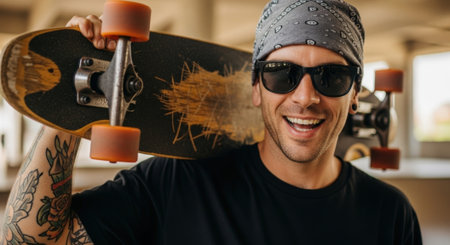 A smiling man with tattoos and a bandana holds a skateboard over his shoulder, wearing sunglasses and a black t-shirt in an outdoor setting.の素材