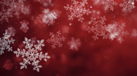 A festive image featuring delicate white snowflakes gently falling against a rich, deep red background, creating a warm and inviting winter atmosphere.の素材