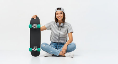 A young woman sits cross-legged, holding a skateboard, smiling in a studio setting with a white background.の素材