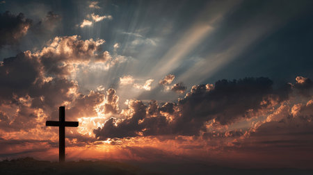 A powerful image of a silhouetted cross set against a vibrant sunset sky filled with dramatic clouds and rays of light, symbolizing faith and hope.の素材