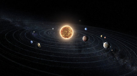A detailed depiction of our solar system, showcasing the planets orbiting the sun against a backdrop of stars and cosmic dust.の素材