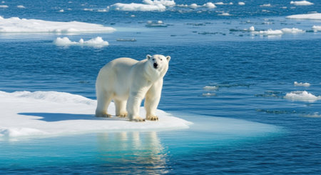 A lone polar bear stands on a shrinking piece of sea ice surrounded by the vast blue Arctic ocean, a powerful symbol of climate change and its impact on wildlife habitats.の素材