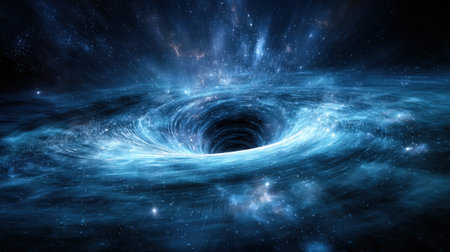A mesmerizing illustration of a black hole, featuring a deep, dark center surrounded by vibrant blue, swirling cosmic dust and distant stars, creating a dramatic and mysterious celestial scene.の素材