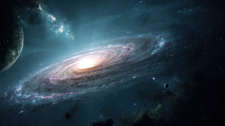 A stunning view of a spiral galaxy, showcasing its bright central core, swirling arms, and cosmic dust clouds against a dark, starry background.の素材