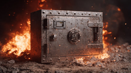 A robust steel safe is surrounded by intense flames, symbolizing themes of loss, destruction, and the potential futility of security measures.の素材