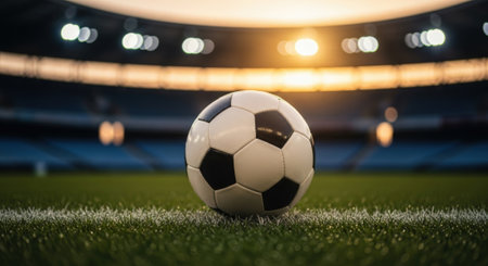 A classic black and white soccer ball rests on the vibrant green grass of a professional stadium, illuminated by the warm glow of sunset and bright stadium lights in the background.の素材