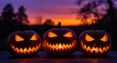 Three carved pumpkins with glowing faces sit in a row against a dark background with an orange and purple sunset sky. Halloween decorations.の素材