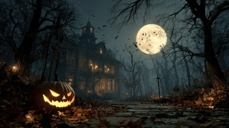 A chilling Halloween scene featuring a glowing jack-o-lantern, a haunted house silhouetted against a full moon, and eerie trees in a dark, atmospheric setting.の素材