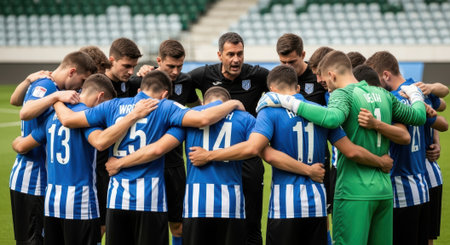 A soccer team huddles together on the field, arms around each other, listening to their coach before a game. Teamwork and unity are evident.の素材