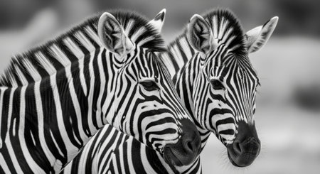 A captivating black and white photograph showcasing the intricate patterns and beauty of zebras in their natural habitat, highlighting their unique stripes.の素材