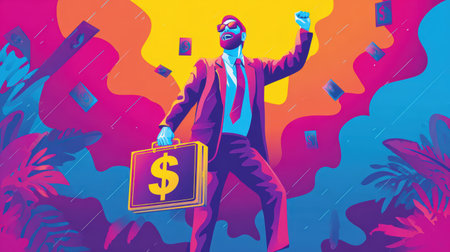 A confident man in a suit holds a briefcase with a dollar sign, celebrating his wealth amidst a vibrant, abstract, and colorful pop art background.の素材