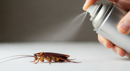 Close-up of a cockroach being sprayed with insecticide, showcasing pest control measures in a home or building. Focus on the insect and spray.の素材