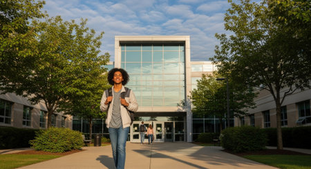A young woman with a backpack walks towards a modern school building with large windows and green trees under a bright blue sky.の素材