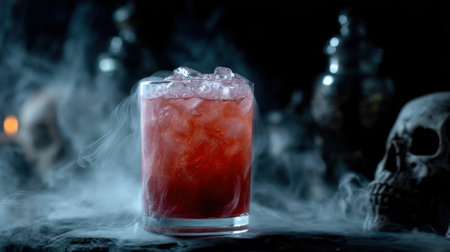 A vibrant red cocktail filled with ice sits amidst eerie dry ice smoke, with a skull adding to the spooky Halloween atmosphere.の素材