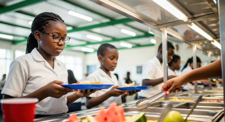 A group of students, mostly African, are in a school cafeteria line, selecting healthy food options for their lunch. They are holding plates and using serving utensils.の素材