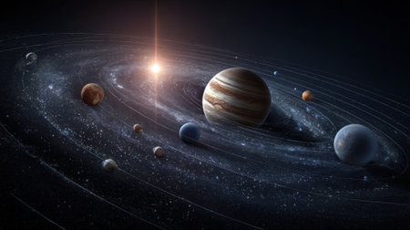 A stunning digital illustration of the solar system, showcasing planets in orbit around a luminous star.の素材