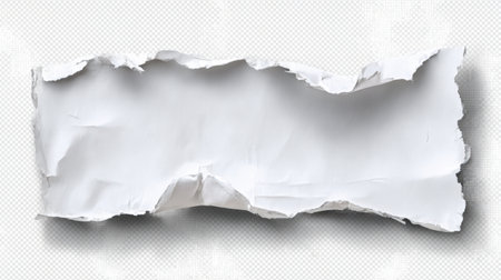 A piece of torn white paper with rough, uneven edges casts a soft shadow on a white background, creating a textured effect.の素材