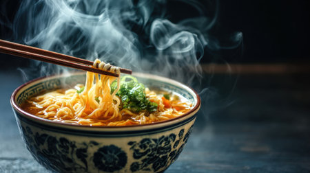 A close-up shot of a steaming bowl of ramen noodles, held by chopsticks, garnished with fresh greens, creating an inviting and flavorful image.の素材