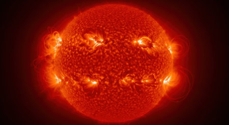 A stunning image of a solar flare erupting from the sun, showcasing its immense energy and dynamic nature in a vibrant display of light and heat.の素材
