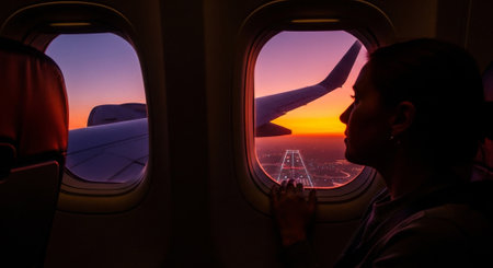 Silhouette of a person looking out of an airplane window at a vibrant sunset, with the wing visible.の素材