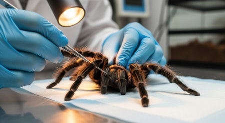 A scientist wearing blue gloves examines a tarantula under a bright light in a laboratory, using tweezers for careful inspection.の素材