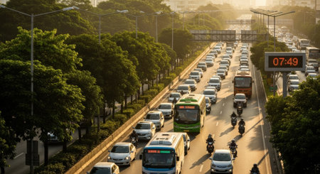 A bustling Jakarta highway is filled with cars, buses, and motorcycles during rush hour, showcasing the city's vibrant yet congested transportation system.の素材