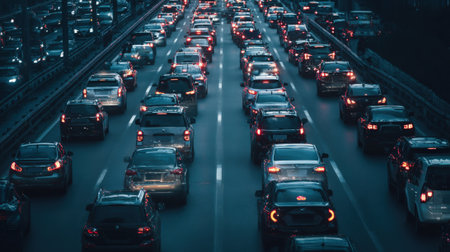 A high-angle view of heavy traffic on a multi-lane highway at night, with numerous cars and their headlights creating a dense, illuminated scene.の素材