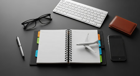 A well-organized workspace featuring a notebook, airplane model, keyboard, glasses, wallet, and smartphone, ideal for travel planning and business concepts.の素材