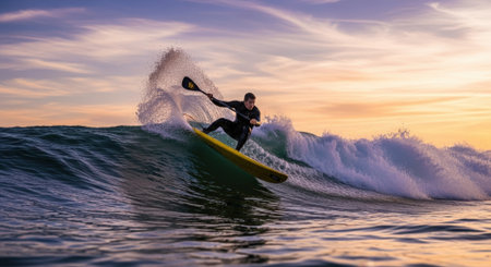 A surfer in a wetsuit rides a large wave at sunset, holding a paddle for balance and direction, showcasing the beauty of water sports.の素材