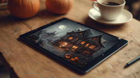 A tablet showcases a captivating Halloween-themed image of a haunted house under a full moon, surrounded by pumpkins and a cup of coffee on a rustic wooden surface, creating a cozy yet eerie autumn atmosphere.の素材