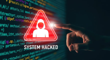 A stark visual representation of a system breach, featuring a hacker silhouette within a warning sign, overlaid on lines of code, symbolizing cybersecurity threats.の素材