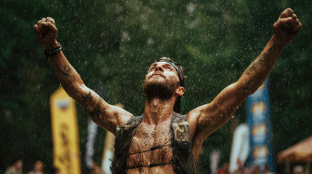 A mud-covered athlete celebrates a hard-fought victory, raising his arms in triumph amidst the challenging terrain of an obstacle course race.の素材