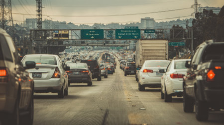 A congested highway filled with cars during rush hour, with a bridge and buildings in the background, illustrating urban transportation challenges.の素材