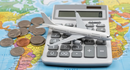 A travel budget concept featuring an airplane model, calculator, and coins arranged on a colorful world map, symbolizing financial planning for travel.の素材