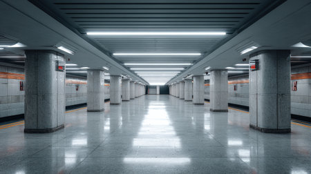 A symmetrical view of a subway station featuring a reflective floor, concrete pillars, and fluorescent lighting, creating a clean and modern aesthetic.の素材