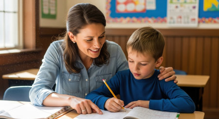 A teacher is helping a young student with his schoolwork in a classroom. The teacher is smiling and pointing at the book, while the student is focused on writing.の素材