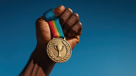 A dark-skinned hand proudly displays a gold medal with a trophy design, set against a clear blue sky, symbolizing victory and achievement.の素材