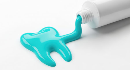 A tube of toothpaste squeezing out a tooth-shaped blob of blue toothpaste on a white surface, promoting dental hygiene and oral care.の素材