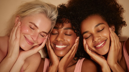 Close-up of three women of different ethnicities, all smiling with their eyes closed and hands on their cheeks, showcasing healthy skin and happiness.の素材