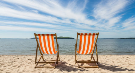 Two orange and white striped beach chairs sit on a sandy beach, facing the ocean under a blue sky with wispy clouds.の素材